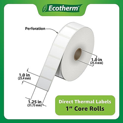 1.25" x 1" Thermal Labels | 6 Rolls | 14040 Labels | fits Zebra, Godex, Arkscan, iDPRT, Offnova Thermal Label Printers and More | Blank White Adhesive Stickers by Ecotherm - size: 1.25 x 1 - 14040 Labels