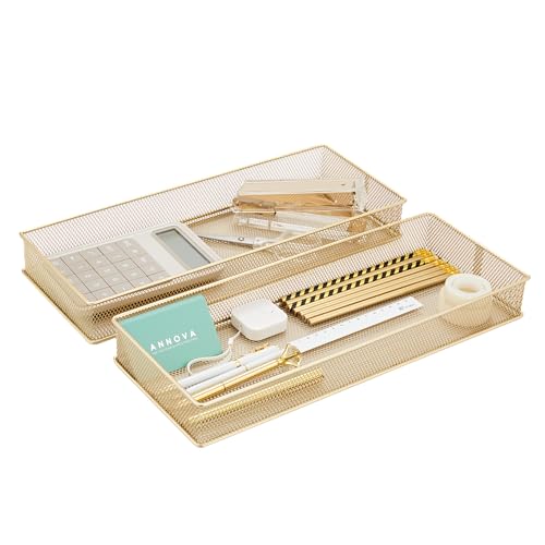 Annova Mesh Stackable Drawer Cabinet and Shelf Organizer Bins Storage Basket School Office Supply Holder Tray- Set of 2 (Gold, 6x15x2 Inch) - color: Gold, size: 6x15x2 Inch