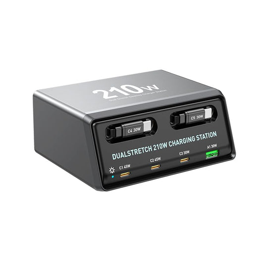 DualStretch Charging Station，6-Port 210W Desktop Charger，Supports Fast Charging Capabilities，Suitable for Smartphones，Tablets and Other Electronic Devices.