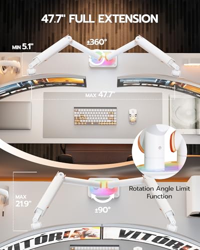 ARES WING 17-45 Inch Dual Monitor Arm Monitor Mount with RGB, White | Heavy Duty Mechanical Spring Monitor Stand Adjustable Arms Holds up to 44lbs, 75/100 VESA Mount with Clamp/Grommet Base - color: White, style: With RGB