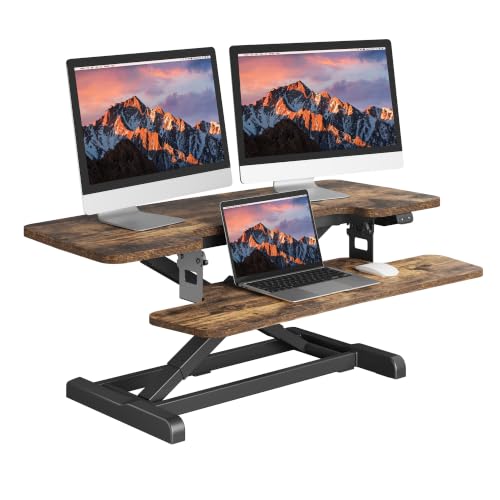 SANODESK Standing Desk Converter with Electric Motor 40" Height Adjustable Riser for Office Home,Dual Monitor and Laptop Workstation with Large Keyboard Tray, Rustic Color - color: Rustic, size: 40"