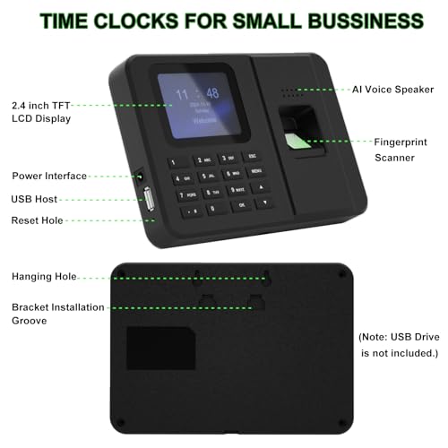 Time Clocks for Employees Small Business, Fingerprint+PIN Times Clock, Clock in Clock Out Machine, No Monthly Fee