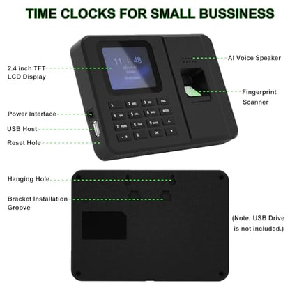 Time Clocks for Employees Small Business, Fingerprint+PIN Times Clock, Clock in Clock Out Machine, No Monthly Fee
