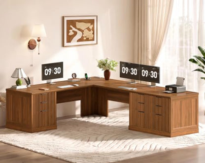 SEDETA Fluted 78.8" L Shaped Desk with 6 Drawers, Fluted Brown - color: Fluted Brown, size: 78.8" L Shaped Desk