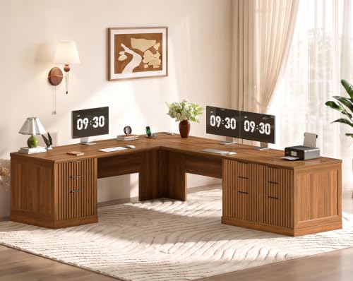 SEDETA Fluted 78.8" L Shaped Desk with 6 Drawers, Fluted Brown - color: Fluted Brown, size: 78.8" L Shaped Desk