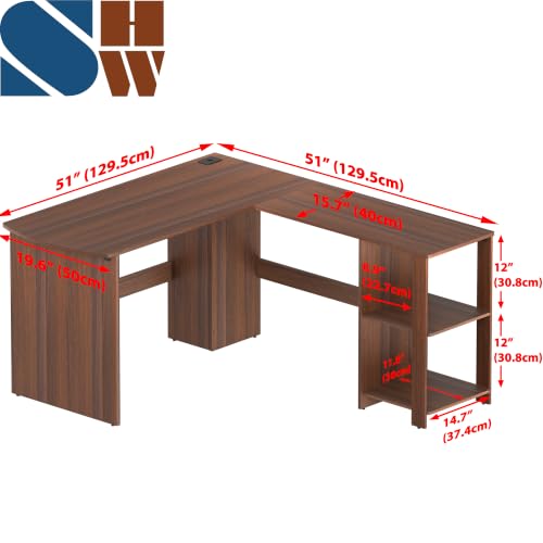 SHW 51 x 51 L-Shaped Home Office Wood Corner Desk with Storage, Walnut - color: Walnut