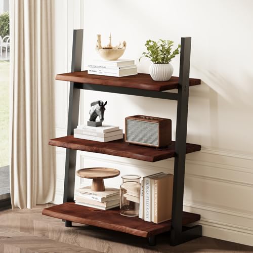 IBF 3-Tier Solid Wood Ladder Bookshelf with Natural Live Edge | Rustic Walnut Storage & Display Leaning Bookcase, Modern Space-Saving Shelf for Living Room, Bedroom, Home Office - size: 3 Tier