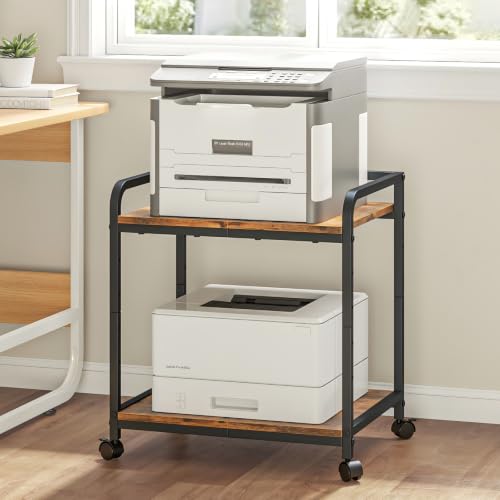 Under Desk Printer Stand with Wheels - 21"x15.8" Large Stand with Storage, 2-Tier Height Adjustable Printer Desk Cart, Heavy Duty Printers Riser for Home Office (Brown) - color: Brown, size: Standard