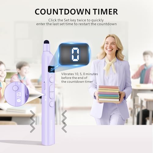 N21 Bluetooth Presentation Clicker for PowerPoint with Retractable Pointer | ①Laser Pointer②Telescopic touch pen③Countdown timer, vibration alert ④Customizable Button ⑤Rechargeable;battery level display - color: Purple - Green Pointer