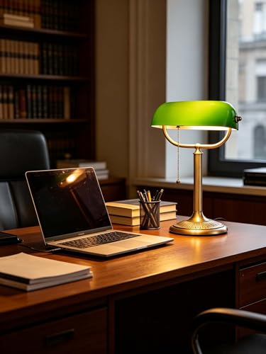 1-Minute Quick-Change Shade Classic Green Glass Bankers Desk Lamp | Study Office Library, LED Bulb Included - color: Green
