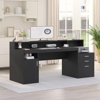 65" Black Computer Desk with 3 Drawers & Printer Shelf for Home Office | Computer Desk with Printer Shelf & File Drawer, Executive Desk Writing Study Table with Monitor Stand, Black - color: Black