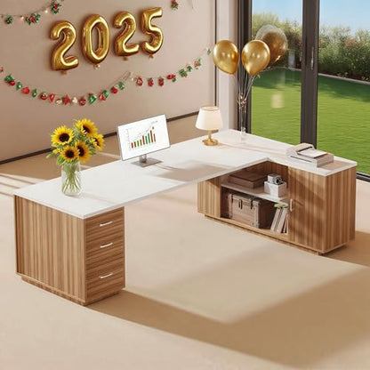 Tribesigns 86" Modern L-Shaped Executive Desk,(White & Brown) | Extra Large Office Desk with File Drawers, Business Desk Workstation with Door Cabinet, Shelves for Home Office