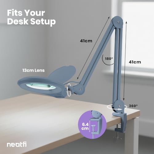 Neatfi LED Bifocal Magnifying Lamp 1,200 Lumens – 5” Glass Lens, Dual Magnification 2.25X/6X, Dimmable | Adjustable Arm with Clamp | Crafting, Jewelry & Reading (5 Diopter + 20 Diopter, Gray) - color: Gray, size: 5 Diopter + 20 Diopter