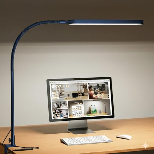 SKYLEO LED Desk Lamp - Desk Light for Home Office - Flexible Gooseneck - 5 Color Modes X 11 Brightness Levels - 1300LM - Timmer & Memory Function - 12W Clip on Light - Blue - style: Blue gooseneck