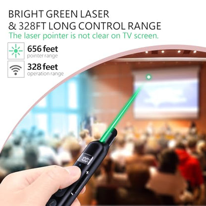 N21 Bluetooth Presentation Clicker for PowerPoint with Retractable Pointer | ①Laser Pointer②Telescopic touch pen③Countdown timer, vibration alert ④Customizable Button ⑤Rechargeable;battery level display - color: Black - Green Pointer