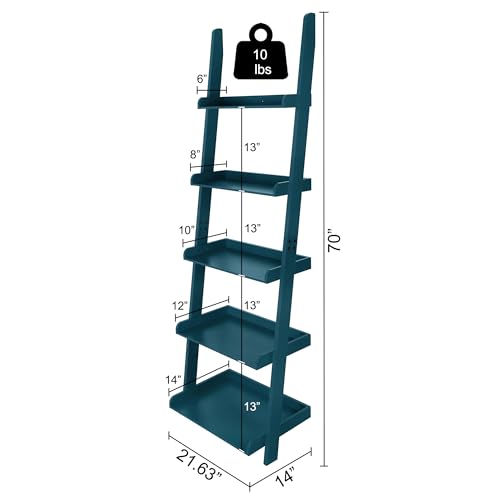 Modern 5 Tier Wall-Leaning Ladder Bookshelf, Blue, 70 Inches | Organizer, Storage Rack - color: Blue