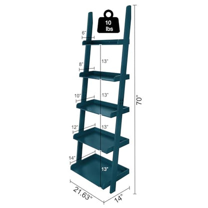 Modern 5 Tier Wall-Leaning Ladder Bookshelf, Blue, 70 Inches | Organizer, Storage Rack - color: Blue