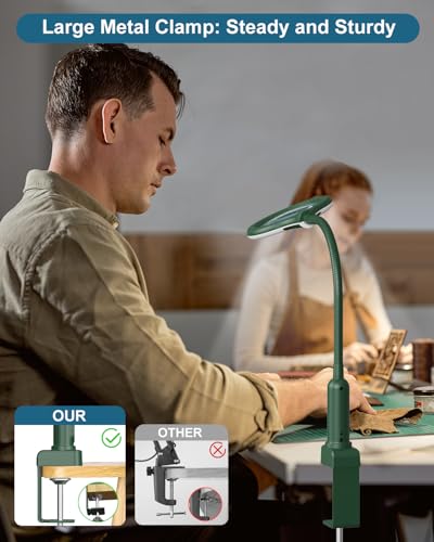 12X Magnifying Glass with Light and Stand, Real Glass, LED 5 Color Modes, Brightness Stepless Dimming Lighted Magnifier Hands Free, Flexible Gooseneck Desk Lamp with Clamp for Close Work, Craft, Green - color: Green