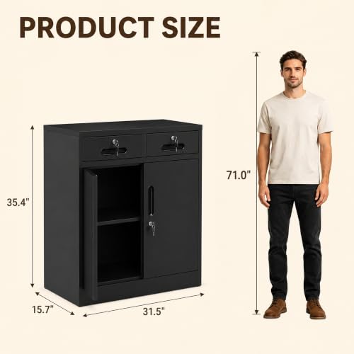 SAWJEC Metal Storage Cabinet with Drawers, Locking Steel Cabinet, Black | 16"D x 31.5"W x 35"H, Locking Cabinet with 2 Drawers and 2 Doors, Adjustable Shelves, Steel Storage for Office Home Garage - color: Black, size: 16"D x 31.5"W x 35"H