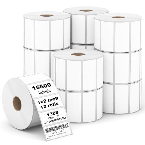 【15600 Labels/12 Rolls】 3-Proof 1" Core Labelebal 2" x 1" Direct Thermal Label (51mm x 25mm) Multipurpose Shipping Address Barcodes Labels Compatible for Zebra & Rollo Desktop Label Printer - color: Zb-2"x 1" - 12 Rolls(15600 Labels)