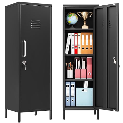 PAOFIN 47" Metal Storage Locker, Lockable Employees Metal Locker with Door and Adjustable Shelves, Steel Locker for Home, School, Office, Gym (Black) - color: Black, size: 1 door-47"