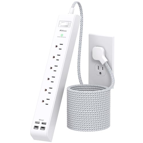 Surge Protector Power Strip 5FT, 10-in-1 with 6 AC Outlets 4 USB Ports(2 USB-C), Ultra Flat Plug Braided Extension Cord, Wall Mountable, 1080J Surge Protection, ETL Listed, White - color: White&Grey, size: 5FT