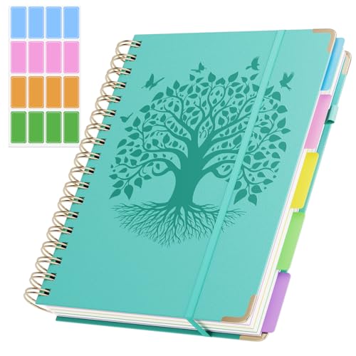 QIYVLOS Hardcover Spiral Notebook, B5 Journal with Removable Dividers Tabs, 5 Subject Notebook College Ruled, 320 Pages 8"x10" Leather Notebooks for Work School Study, Lined Journal for Women, Cyan - color: B5/Cyan