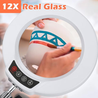 12X Magnifying Glass with Light and Stand, Real Glass Lens Desk Lamp, Lighted Magnifier with Light Stepless Dimming Hands Free for Craft, Reading, Painting, Sewing, Solder - White - color: White