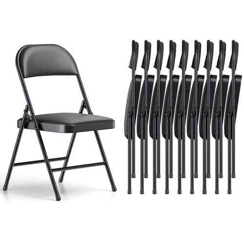 Folding Chairs 10 Pack, PU Leather Padded Folding Chairs for Outside and Indoor, Heavy Duty Portable Foldable Metal Commercial Seat for Home Office, Dorm, Party, Backyard, Lawn, Patio, Black - color: Black, size: 10 Pack