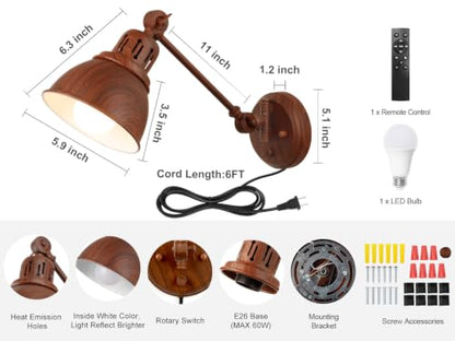 GOODATE 1 Pack Plug in Wall Sconce with Remote Control, Dimming, Adjustable Colors 2700K-6500K, Plug in Wall Light, Swing Arm Wall Lamp with Night Light & Timer, LED Bulb Included, Walnut Finish - size: Walnut-1 PACK(Bulb+Remote)