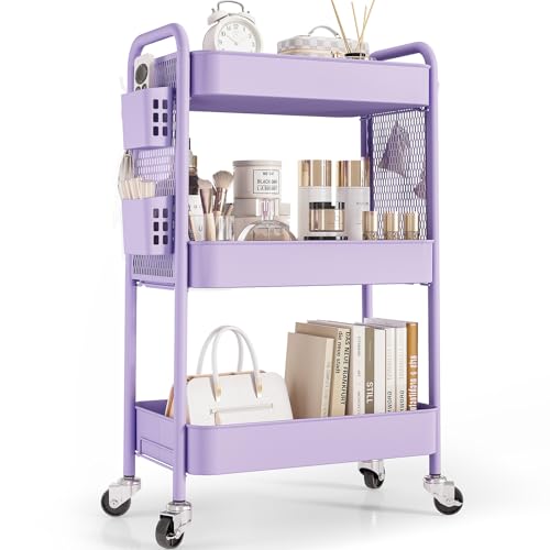TOOLF 3 Tier Rolling Cart Storage Organizer, Metal Rolling Utility Cart with Wheels, Hooks & Bins Esthetician Craft Art Sturdy Storage with Pegboard for Bathroom, Kitchen, Office, Nursery Diaper - color: Purple, size: 3-Tier