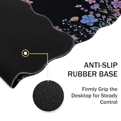 L-SPOUTTO Black Floral Mouse Pad,Scalloped Desk Mat XXL Gaming Mousepad | Botanical 35.4x15.7in Large Non-Slip Rubber Base Keyboard Pad Waterproof Desktop Mat for Laptop Computer Game Home Office - color: Flowers
