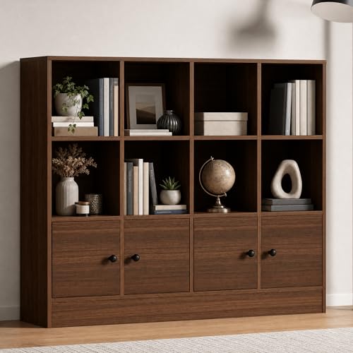 Cozy Castle Brown Wood Bookcase, 12 Cube Display Shelf with 4 Doors, 3 Tier Open Bookshelf with Adjustable Shelves for Living Room, Home Office, Entryway - color: Brown