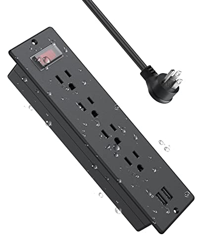 Conference Recessed Power Strip Waterproof,Furniture Recessed Power Strip with 4 Outlets,2 USB,Table Surge Protector,Flush Mount Water Resistant,6ft Cable with Flat Plug - color: Black, size: 4 Outlets