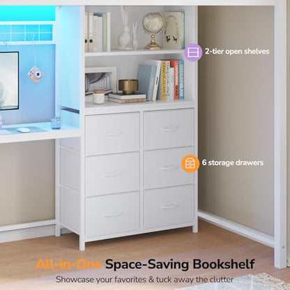 DICTAC Twin Loft Bed with L Shaped Desk,Storage Bookshelf & Drawers, White | Metal Loft Bed Features Charging Station, Smart RGB LED Lights and 6 Fabric Storage Drawers & Shelves, Safety Guardrail - color: White