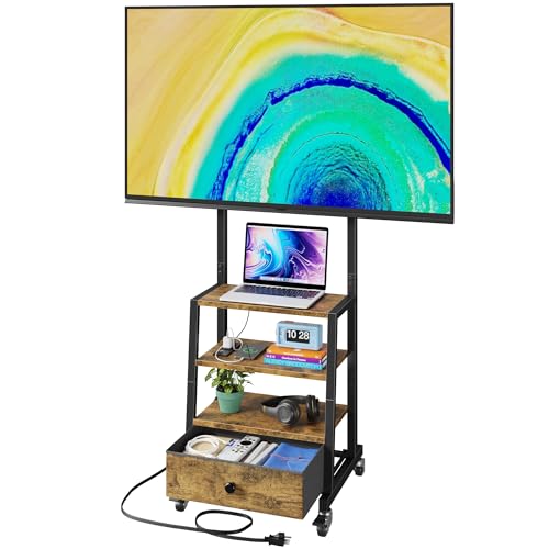 Rolling TV Stand with Wheels and Mount & Fabric Drawer - Entertainment Center with Power Outlet and Small TV Stand for Bedroom, Living Room - 15" Rustic Brown - color: Rustic Brown, size: 15"W (for 32-55" TV)