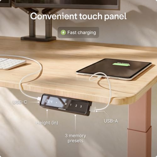 Desktronic Height Adjustable Standing Desk Frame — Ergonomic Sit Stand Desk Frame, Electric Dual Motor, USB & USB-C Charging, Wobble-Free, Touchscreen, 3 Memory Presets, Anti-Collision - color: Pink