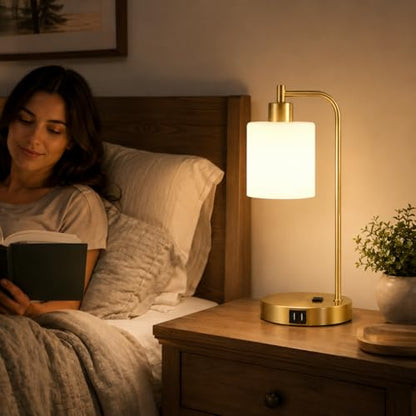 Set of 2 Industrial Touch Control Table Lamps with 2 USB Ports and AC Outlet - 3-Way Dimmable Gold Bedside Lamps Nightstand Desk Lamps for Bedroom Living Room, Opal Glass Shade & 2 LED Bulbs Included - color: Gold(2 pack)-Opal Glass-Touch Control