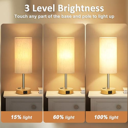 Fenmzee Small Touch Table Lamps Set of 2-3-Way Dimmable, USB A + C Charging, AC Outlet, Wood Grain Base, Bulbs Included - color: Cream - Wood Grain 2, size: 14" Touch Control