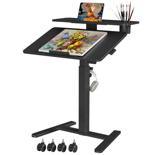 28" Mobile Standing Desk, Tiltable Top with 2-Tier Shelves, Black | Pneumatic Rolling Desk, Adjustable Height Computer Workstation, Sit Stand Portable Drafting Table & Laptop Cart on Wheels - color: Black, size: 28"