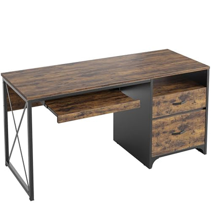 Bestier Office Desk with Drawers, 55 inch Industrial Computer Desk with Storage, Wood Teacher Desk with Keyboard Tray & File Drawer for Home Office, Rustic Brown - color: Rustic Brown