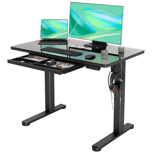 INNOVAR Glass Standing Desk with Drawers, 40 x 24 Inches Electric Height Adjustable Desk, Tempered Glass Top Stand Up Desks for Home and Office, Black - color: Black, size: 40 inch