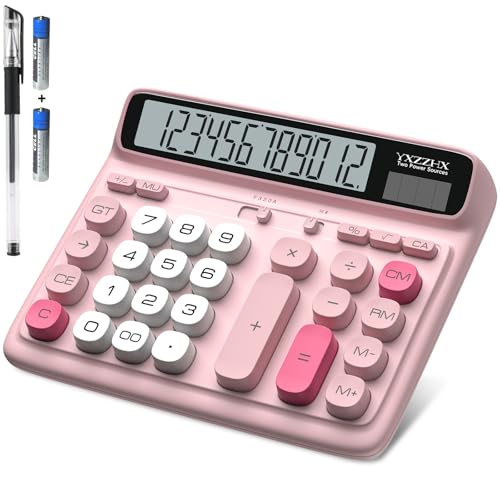 Desktop Calculator with Extra Large 5-Inch LCD Display, 12-Digit Two Way Power Solar & Battery Office Calculator with Big Buttons for Business, Accounting & Home Use(Pink) - color: Pink