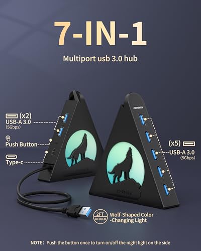 7-Port USB 3.0 Hub, Vertical USB Hub Splitter with RGB Lighting,5Gbps High-Speed Data Transfer and 2FT Extension Cable, Compatible with PC, MacBook, Laptop, PS5, Xbox, Flash Drive, Printer - color: 1-Black