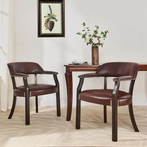 LEEMTORIG Set of 2 Faux Leather Dining Chair with Arms, Solid Wood Dining Chair with Supportive Back, Boss Caption's Chairs Office Desk Chairs, Espresso Legs & Dark Wine Red PU CY-NX173-318WR02 - color: Espresso Legs & Dark Wine Red Pu, size: Set of 2