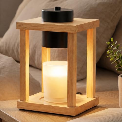 Candle Warmer Lamp Wood with Timer, Dimmable Electric Candle Lamp Warmer for Jar Candles, 2 * 35 Watt Bulb, Christmas Birthday Gifts for Women Mom, Decorative Wooden Candle Lamp for Bedroom Home Decor - color: Light Yellow 2