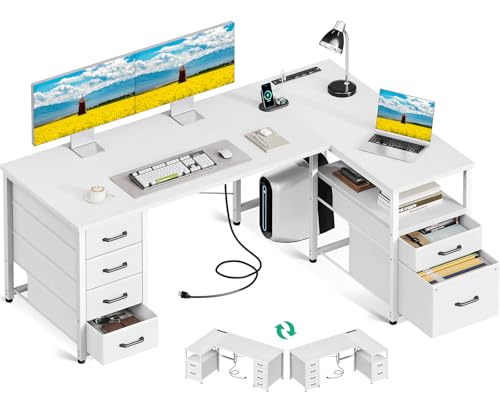 Coleshome 55 Inch L Shaped Office Desk with 6 Drawers, Power Outlet, White - color: White, size: 55 Inch