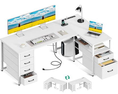 Coleshome 55 Inch L Shaped Office Desk with 6 Drawers, Power Outlet, White - color: White, size: 55 Inch