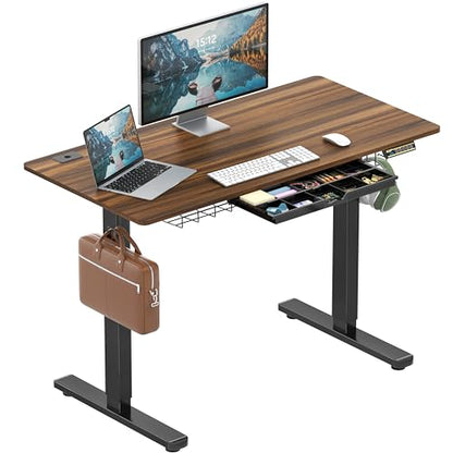 SHW 48-Inch Electric Height Adjustable Standing Desk w/Drawer, Walnut - color: Walnut, size: 48-Inch