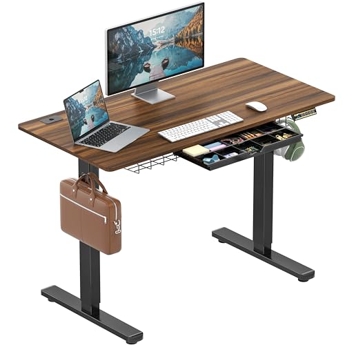 SHW 48-Inch Electric Height Adjustable Standing Desk w/Drawer, Walnut - color: Walnut, size: 48-Inch